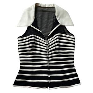 JS Collections Black Cream Collared Sleeveless Formal Blouse Size 4